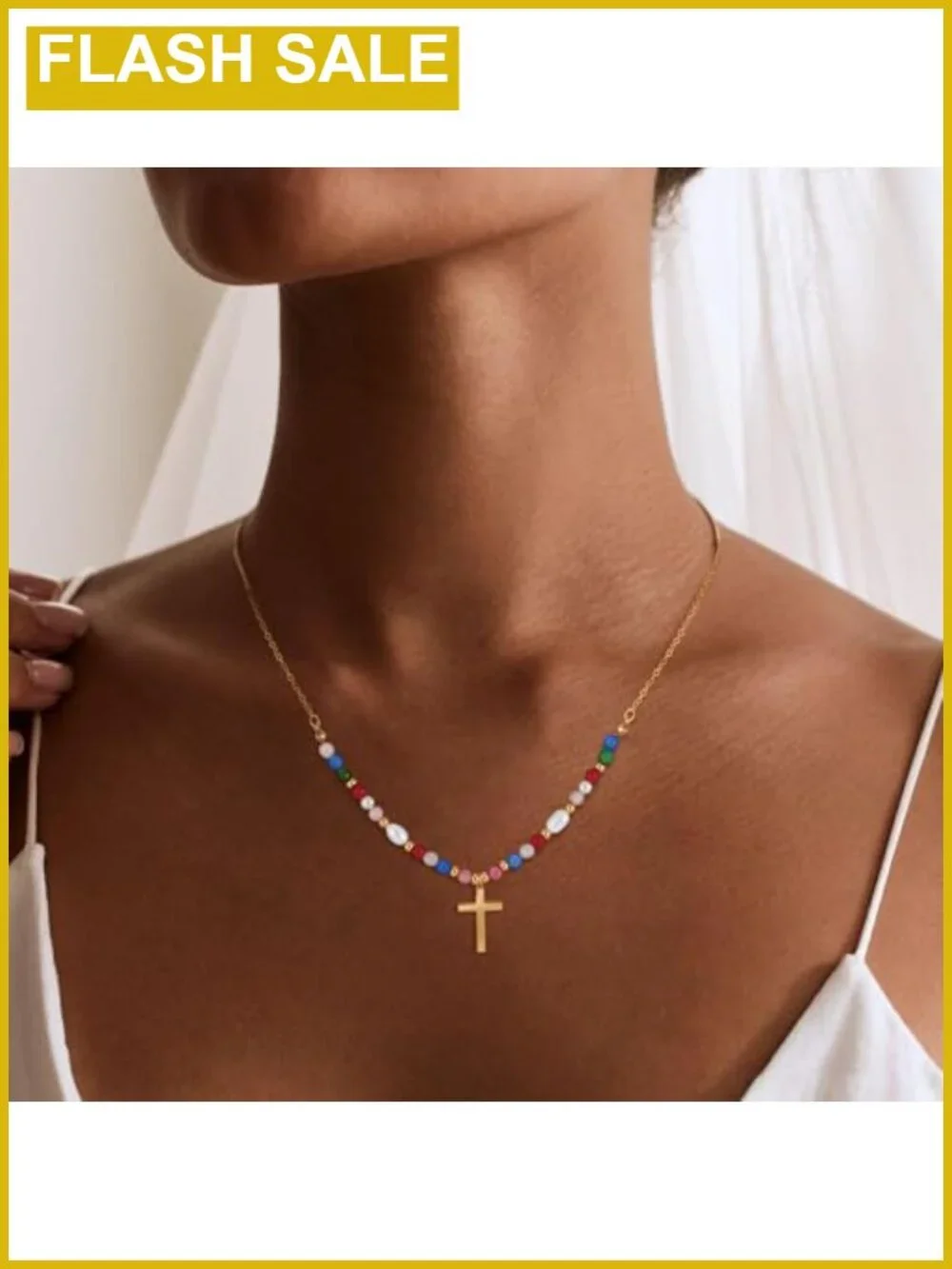 18K Gold Plated Cross Necklace Women Pendant 16in Adjustable Lobster Clasp